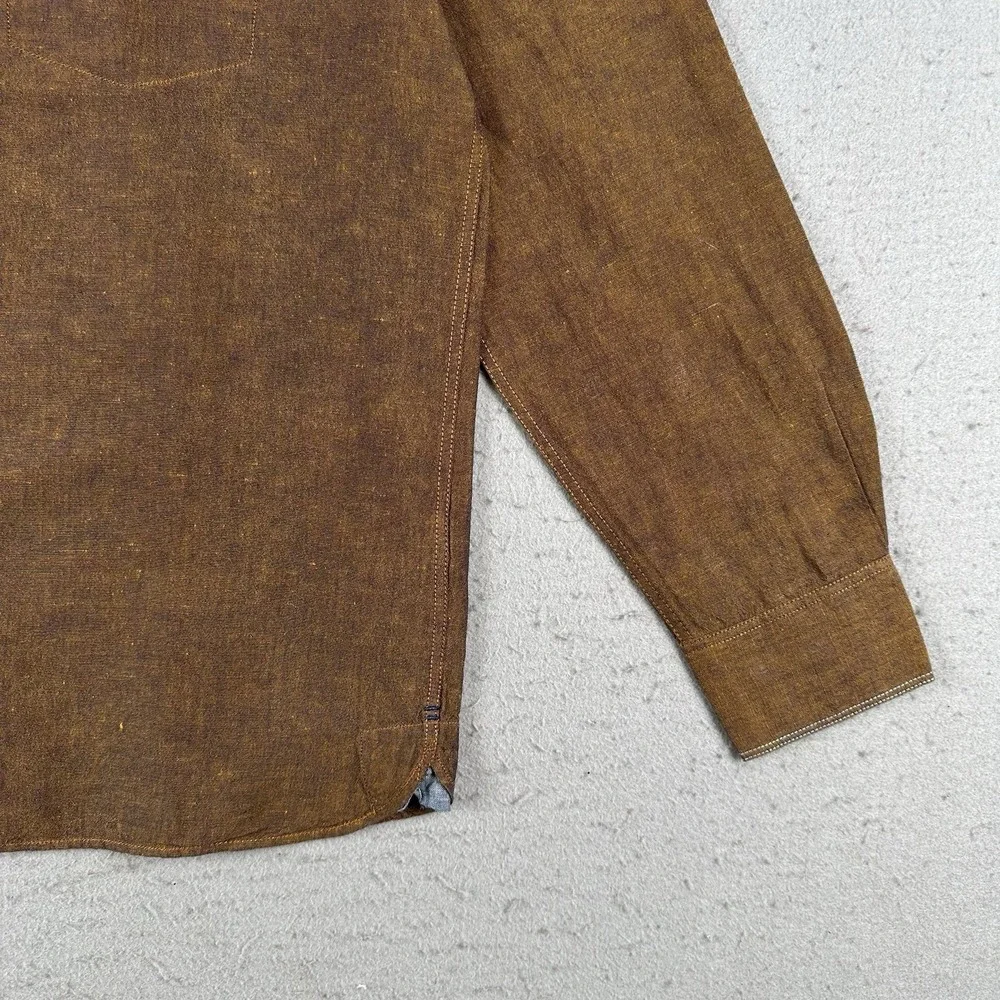 32 Bar Blue Button Up Shirt Men's Medium Metallic Copper Bronze Cotton Linen - Picture 4 of 16